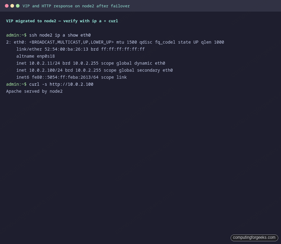 ip a output and curl response confirming the cluster VIP migrated to node2 after standby