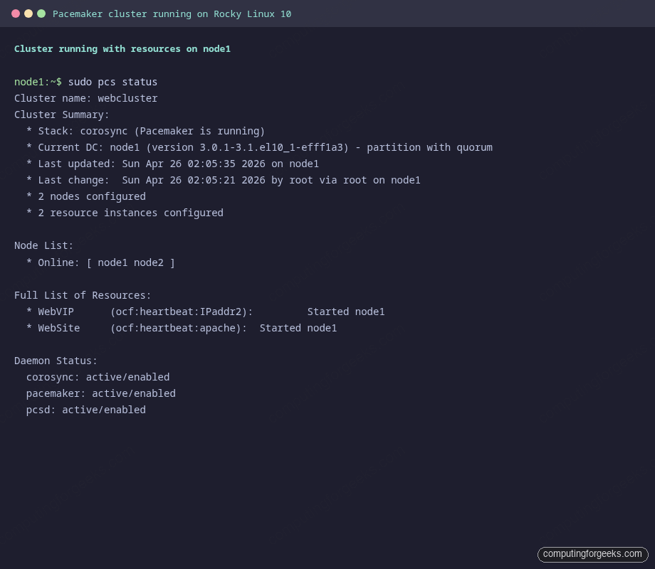 pcs status output showing WebVIP and WebSite resources started on node1 in a Rocky Linux 10 cluster