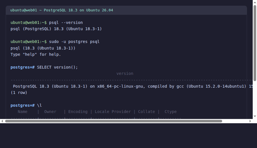 PostgreSQL 18.3 shell and database listing on Ubuntu 26.04