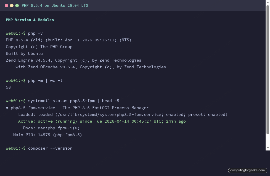 PHP 8.5.4 version, modules, and FPM status on Ubuntu 26.04 LTS
