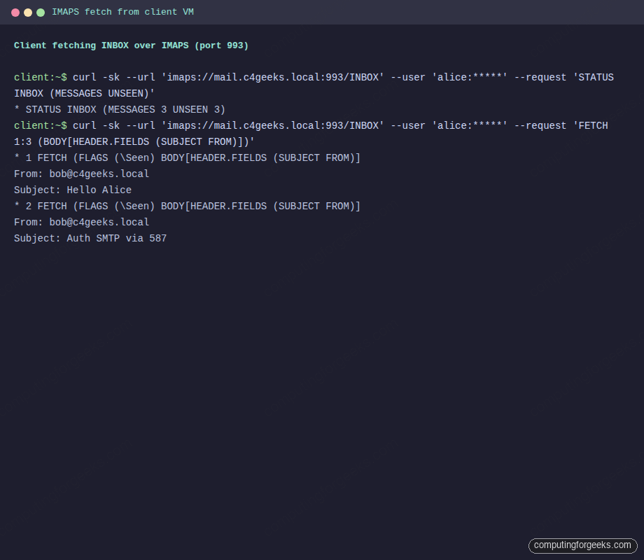 IMAPS fetch showing Alice's INBOX with three delivered messages from the client VM