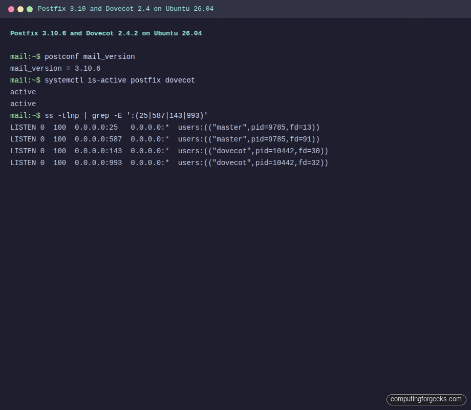 Postfix 3.10 and Dovecot 2.4 installed and listening on Ubuntu 26.04