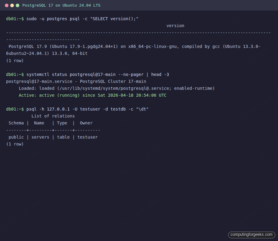 PostgreSQL 17 psql version and systemctl status on Ubuntu 24.04 LTS
