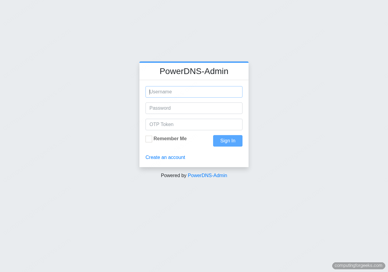 PowerDNS-Admin login page served from docker compose stack with MariaDB backend on Rocky Linux 10