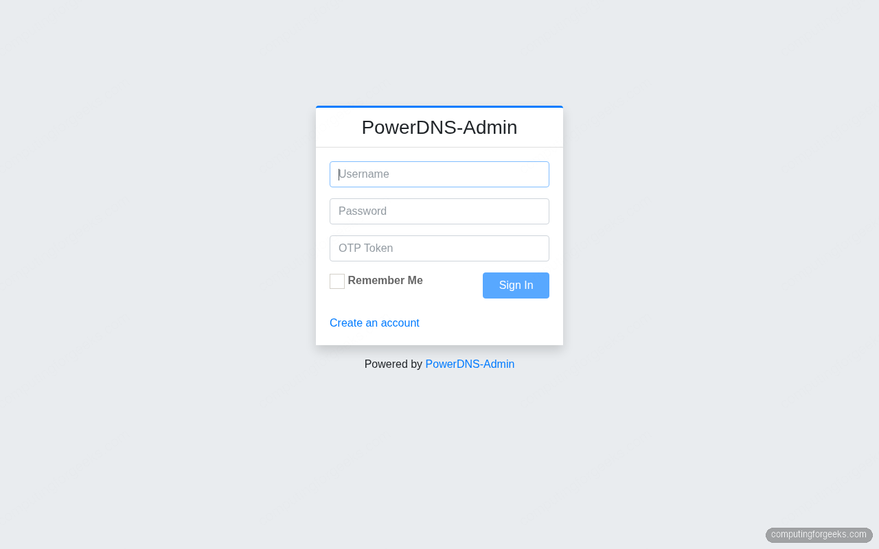 PowerDNS-Admin login page on Debian 13