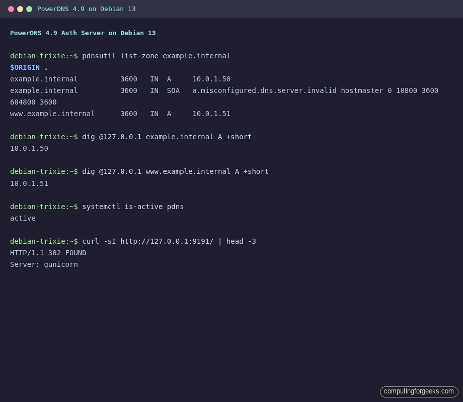 PowerDNS pdnsutil list-zone and dig query on Debian 13