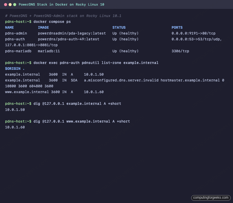 Terminal screenshot of docker compose ps and dig DNS lookups against the PowerDNS stack on Rocky Linux 10