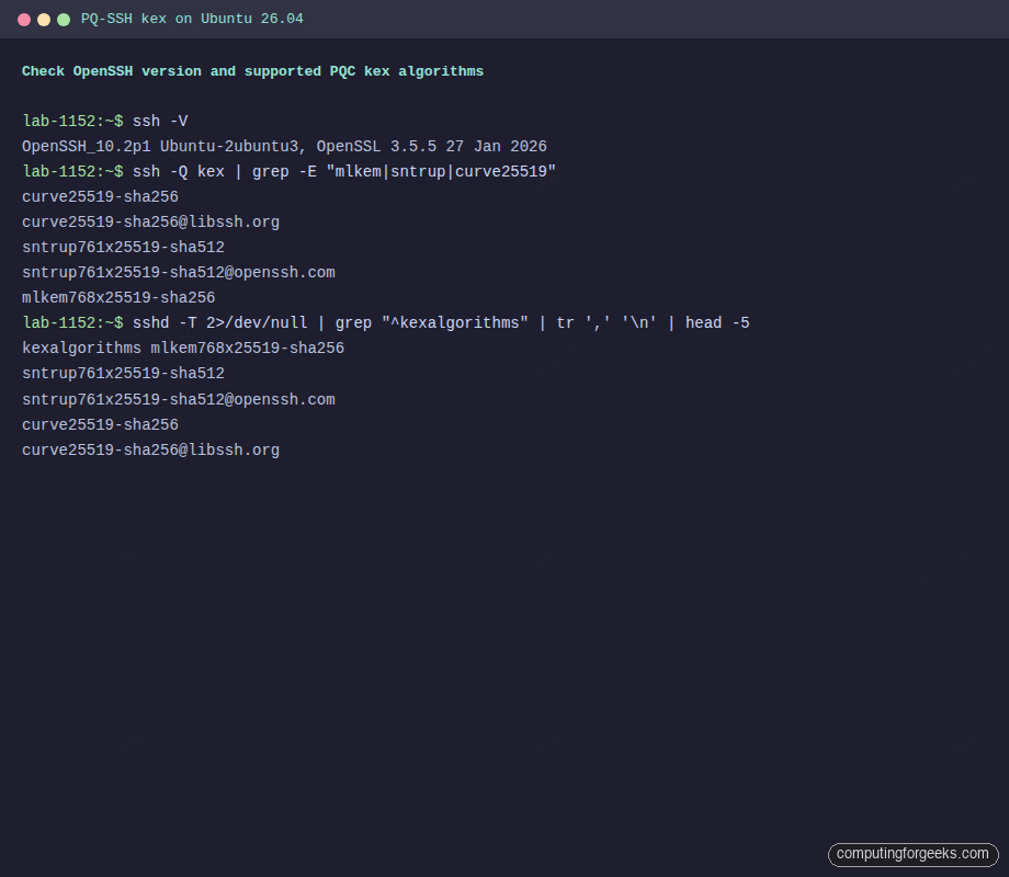 ssh -Q kex output on Ubuntu 26.04 showing mlkem768x25519-sha256 and sntrup761 post-quantum algorithms