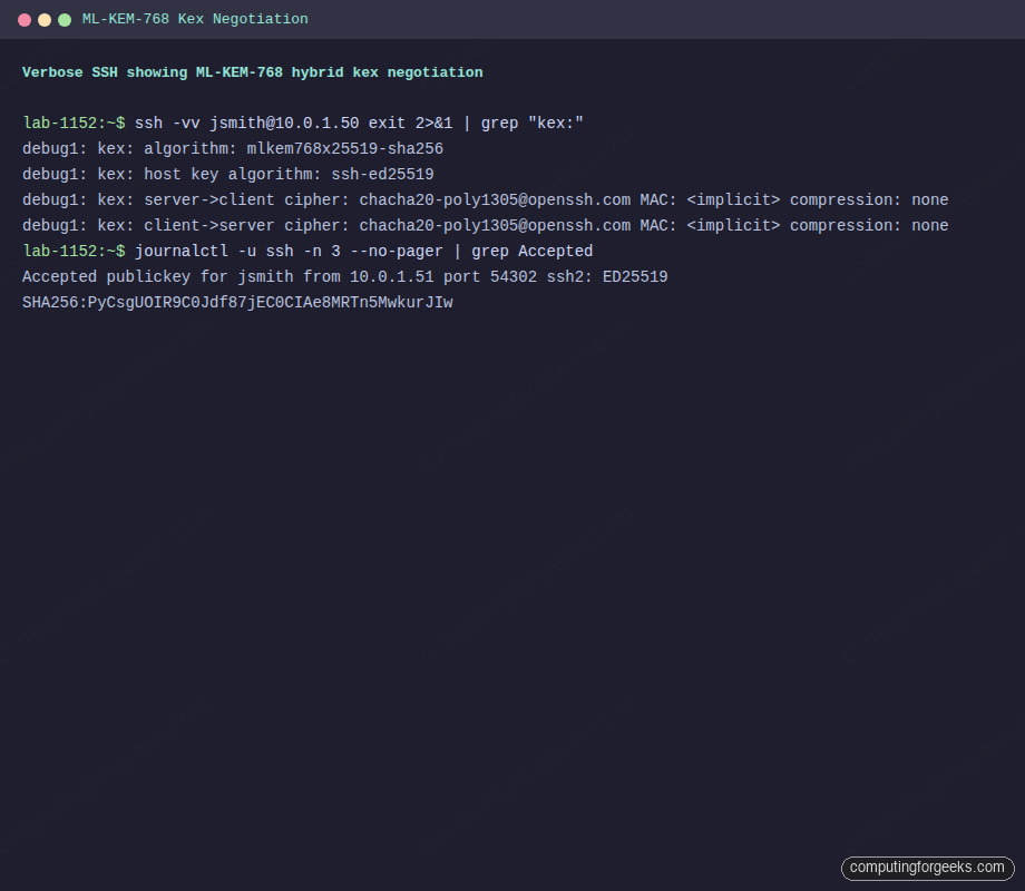 ssh -vv output showing mlkem768x25519-sha256 kex algorithm negotiated with ssh-ed25519 host key on Ubuntu 26.04