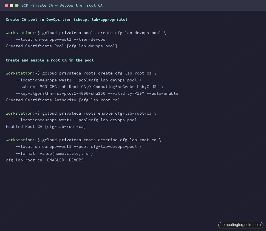 Terminal showing gcloud privateca pools and roots create commands DevOps tier