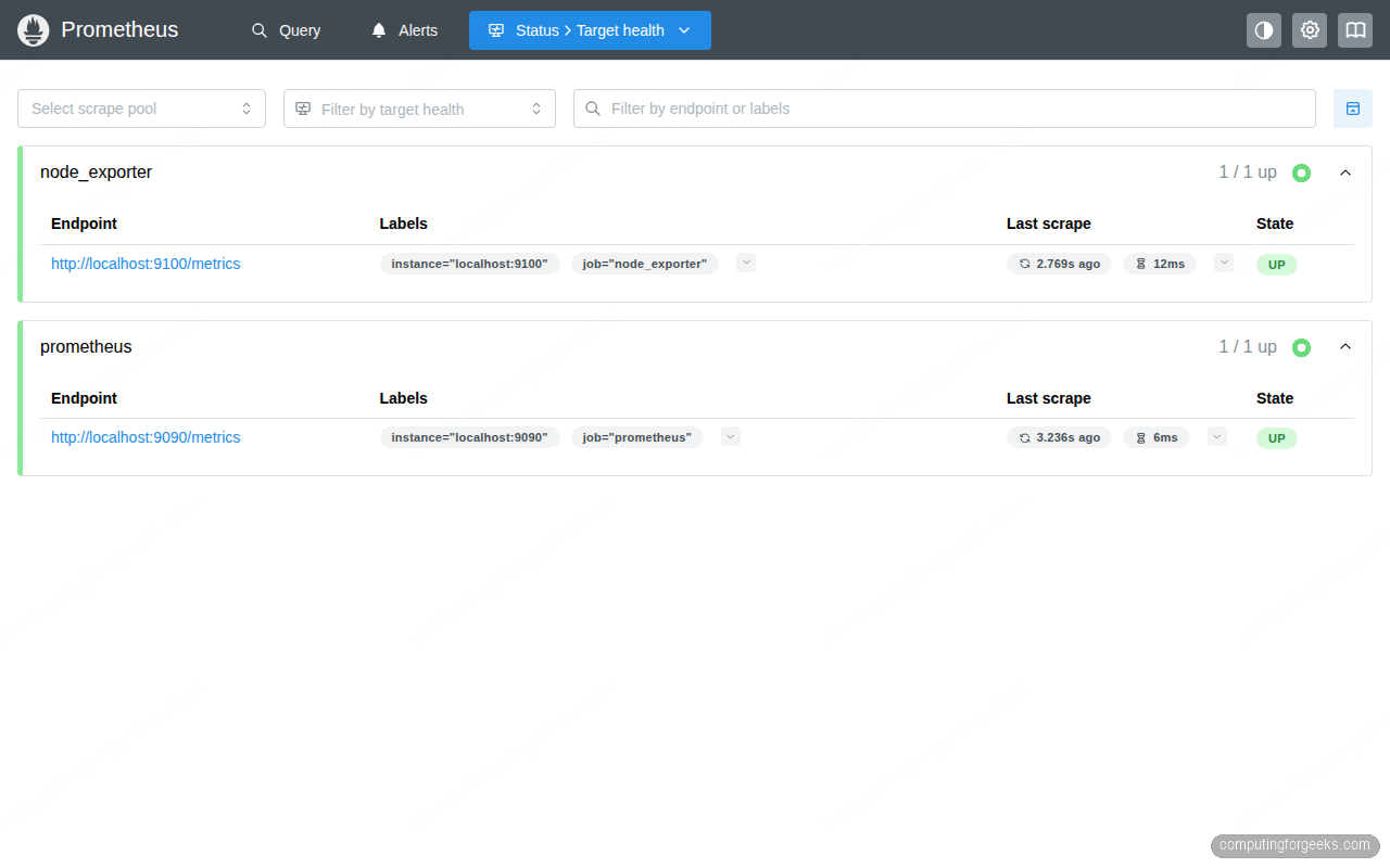 Prometheus targets page showing node_exporter and prometheus targets with UP state on Ubuntu 26.04