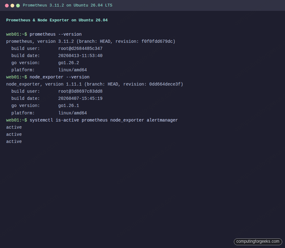 Prometheus 3.11.2 and Node Exporter 1.11.1 version output and service status on Ubuntu 26.04 LTS