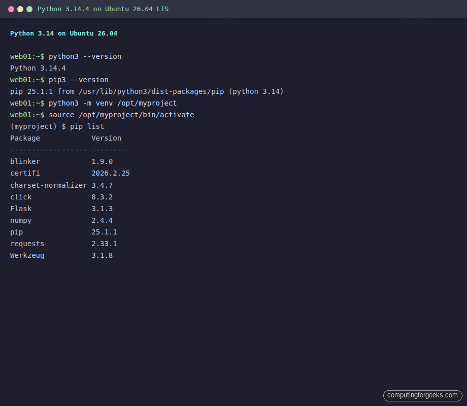 Python 3.14.4 version pip and virtual environment packages on Ubuntu 26.04 LTS