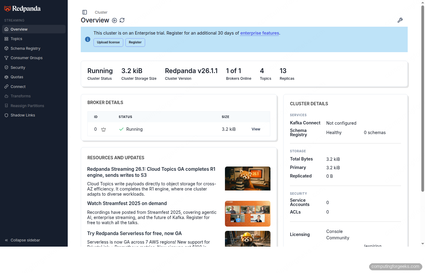 Redpanda Console showing cluster overview with broker details on Kubernetes