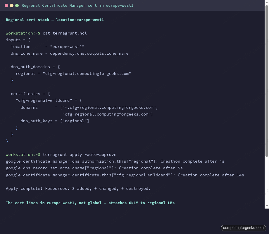 Terminal showing Terraform apply for regional Certificate Manager cert