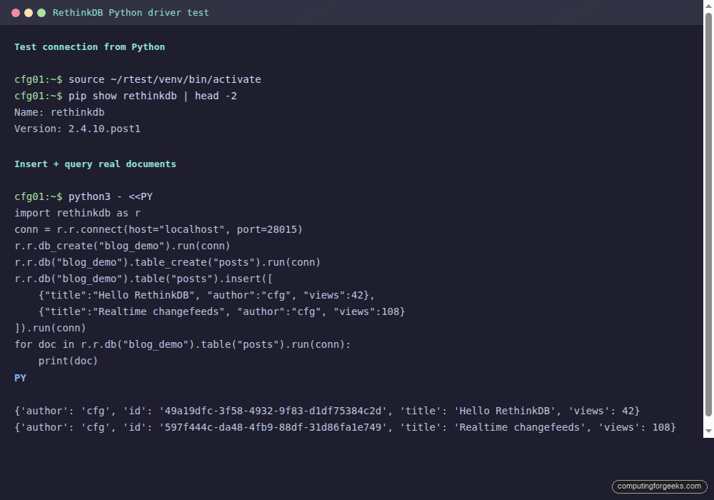 RethinkDB Python driver insert and query example on Ubuntu 24.04