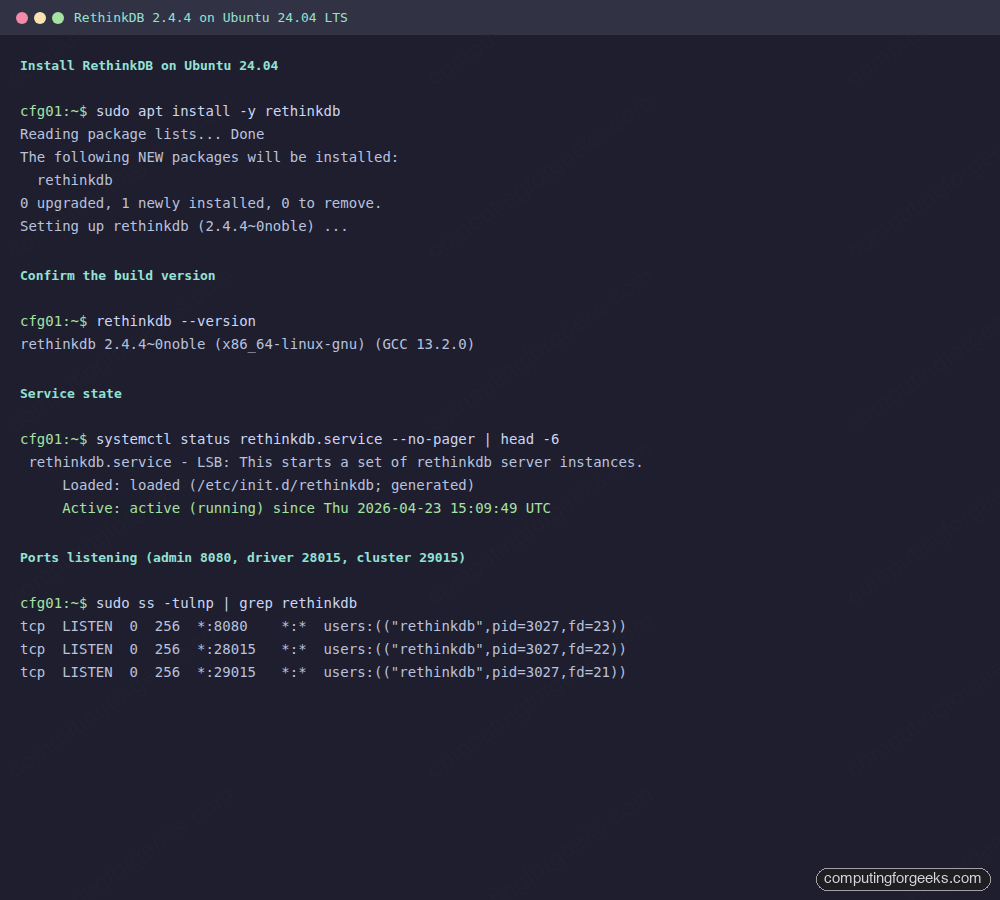 RethinkDB 2.4.4 install and systemctl status on Ubuntu 24.04