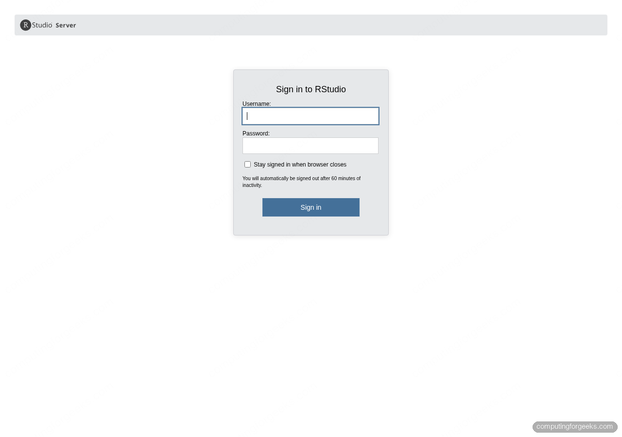 RStudio Server sign-in page on Rocky Linux 10 accessed from browser