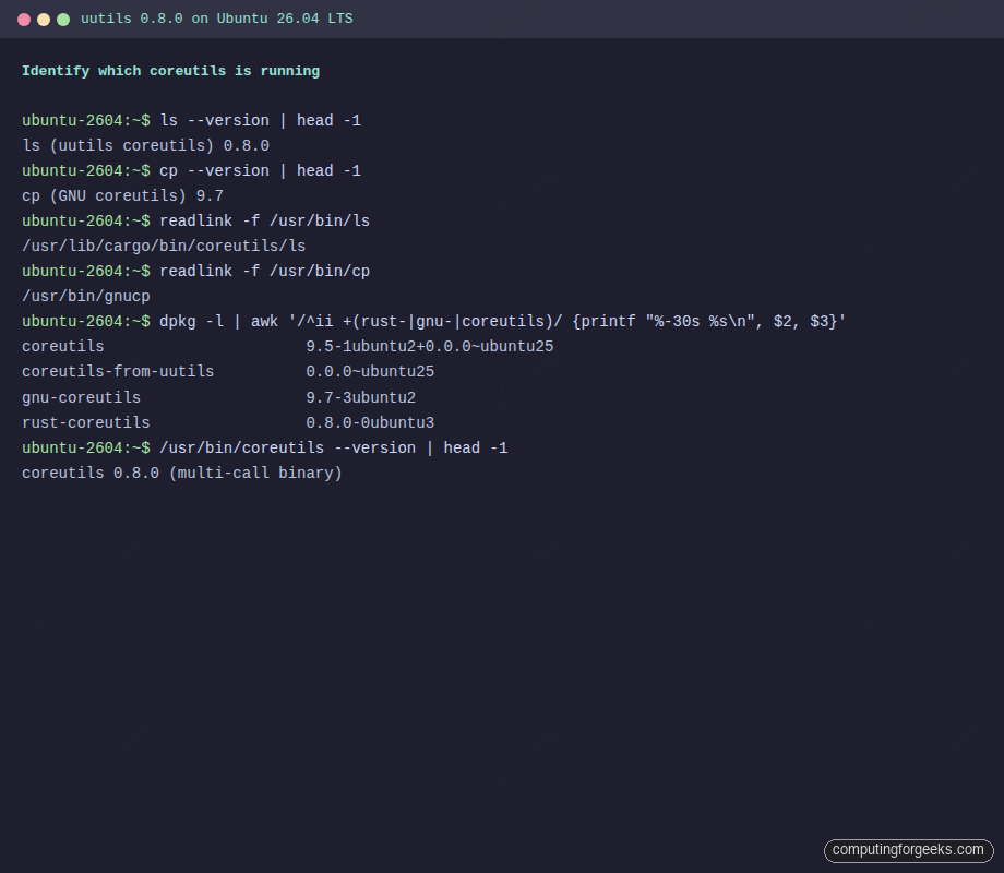 Terminal output showing ls --version, cp --version, readlink, dpkg coreutils packages on Ubuntu 26.04 with uutils 0.8.0