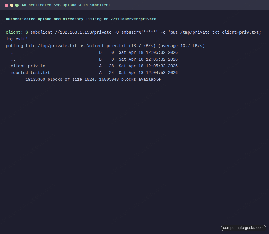 Authenticated smbclient upload to the Samba private share on Ubuntu 26.04