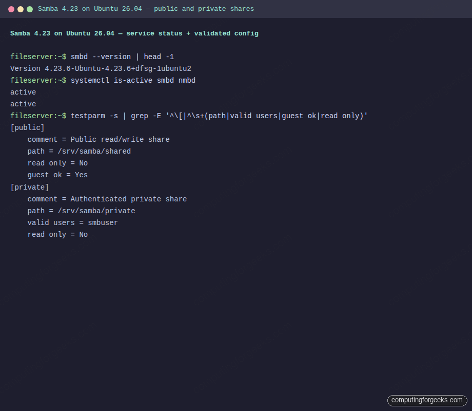 Samba 4.23 installed on Ubuntu 26.04 with public and private shares validated