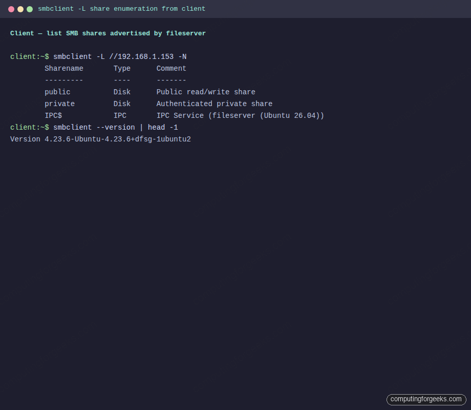 smbclient share enumeration from client VM against Samba on Ubuntu 26.04