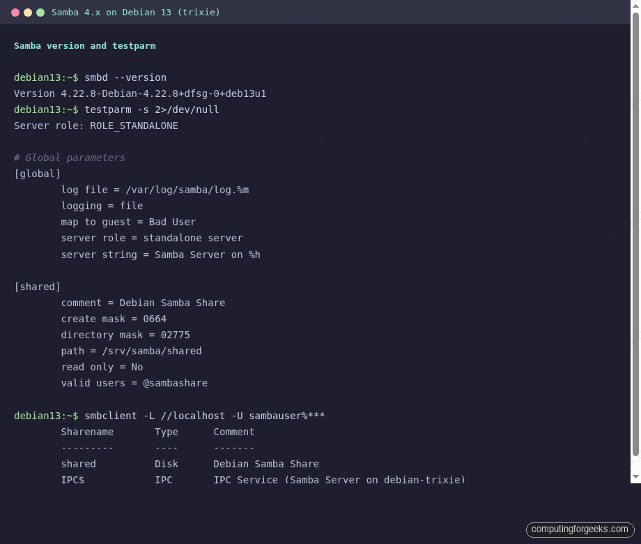 Samba testparm and smbclient share listing on Debian 13