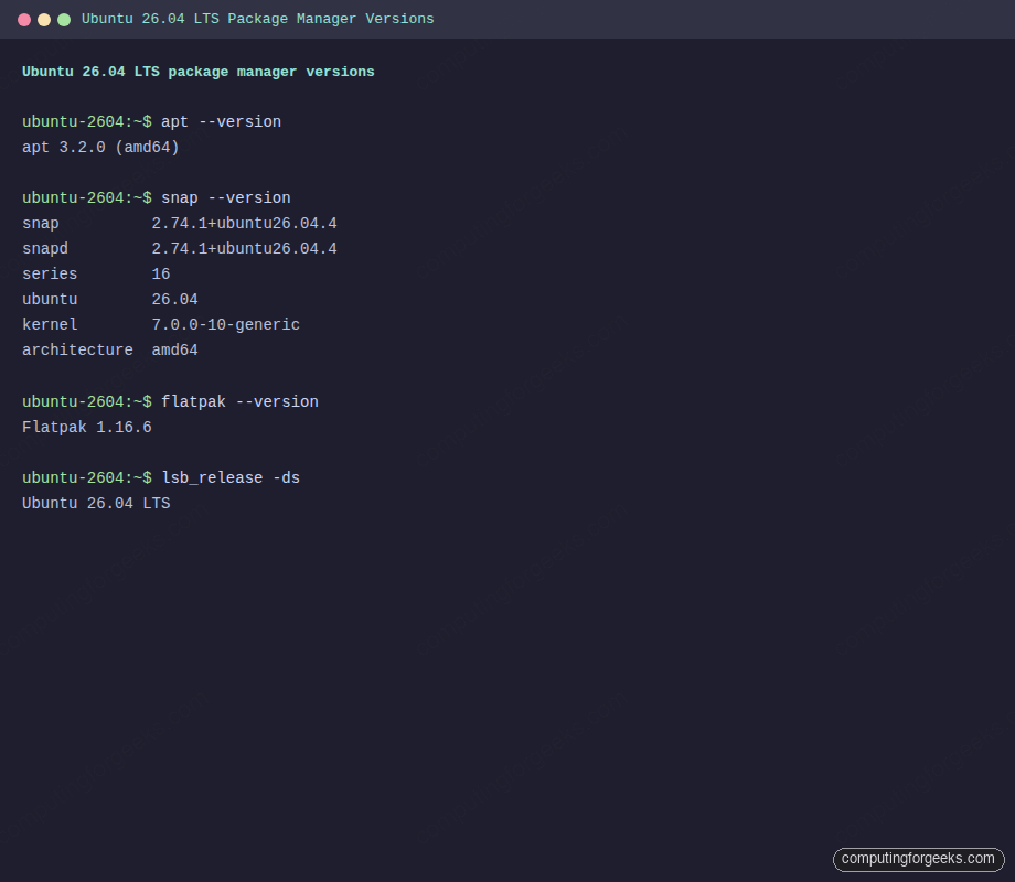 Terminal showing apt, snap, and flatpak versions on Ubuntu 26.04 LTS