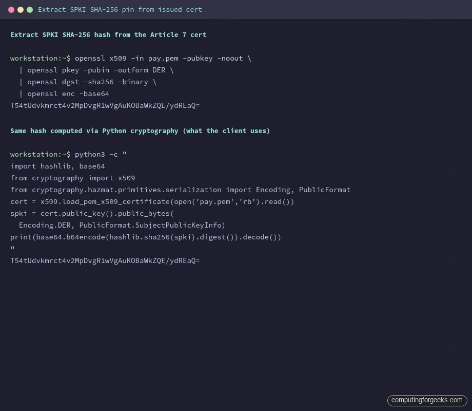 Implement SPKI Cert Pinning for GCP Private CA 1 Terminal showing openssl SPKI hash extraction and Python cryptography equivalent