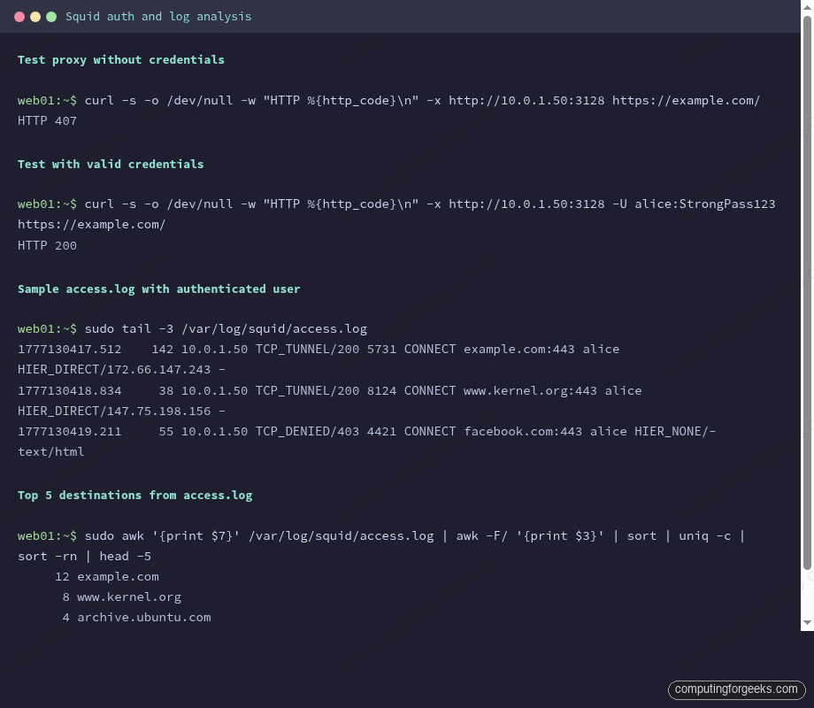Squid authentication test and access log analysis on Ubuntu 26.04