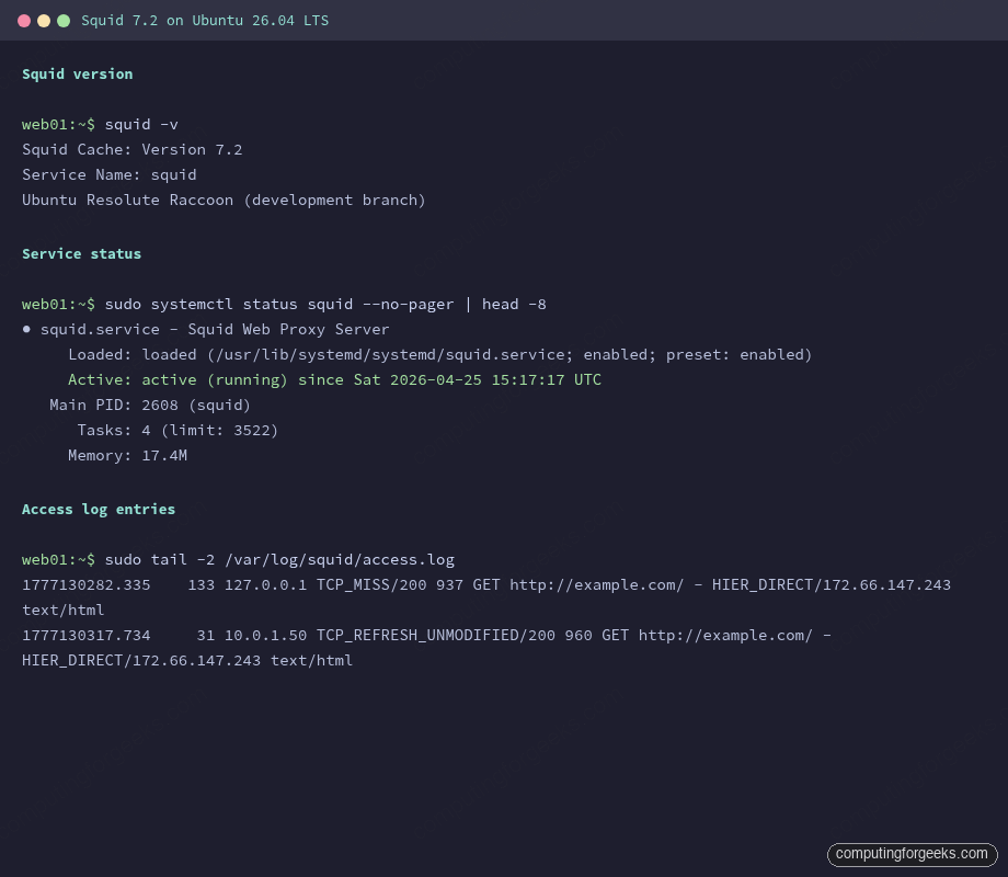 Squid 7.2 version and service status on Ubuntu 26.04