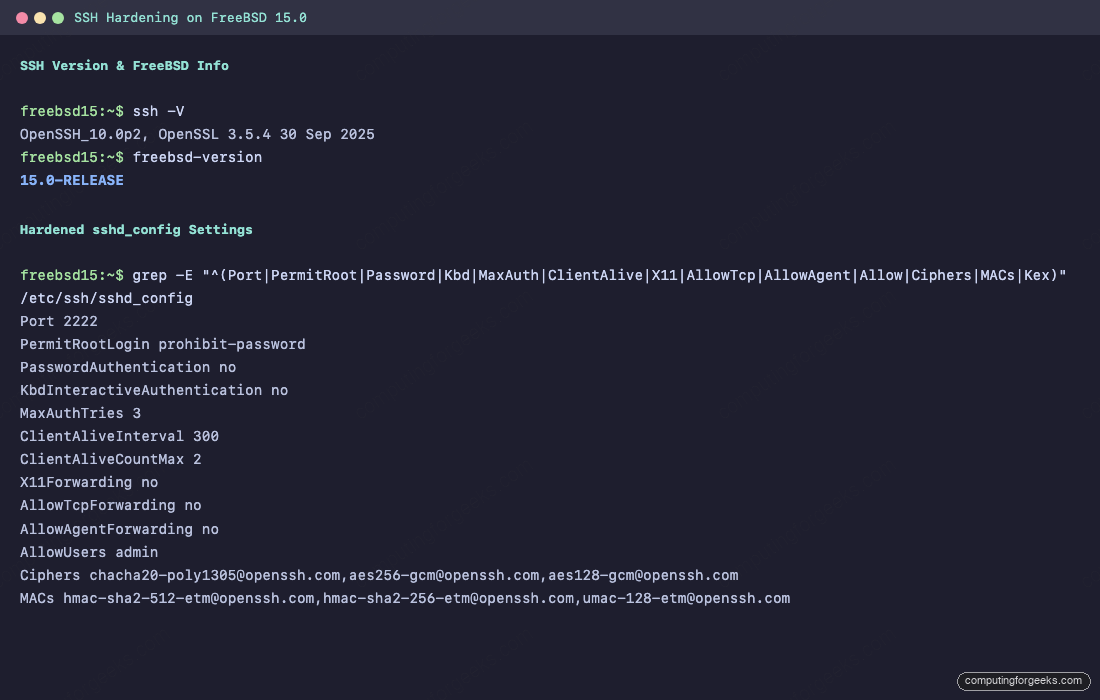 SSH hardening settings on FreeBSD 15.0 showing OpenSSH 10.0 and hardened sshd_config