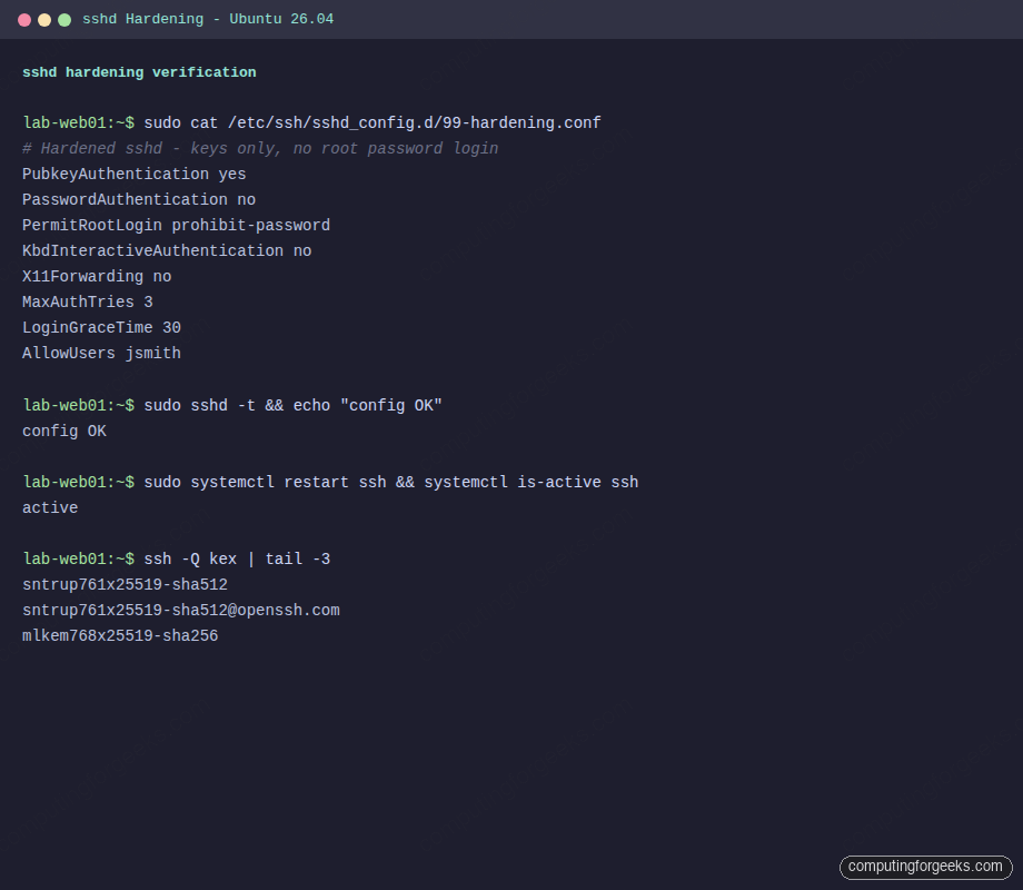 sshd hardening config and ssh -Q kex output on Ubuntu 26.04