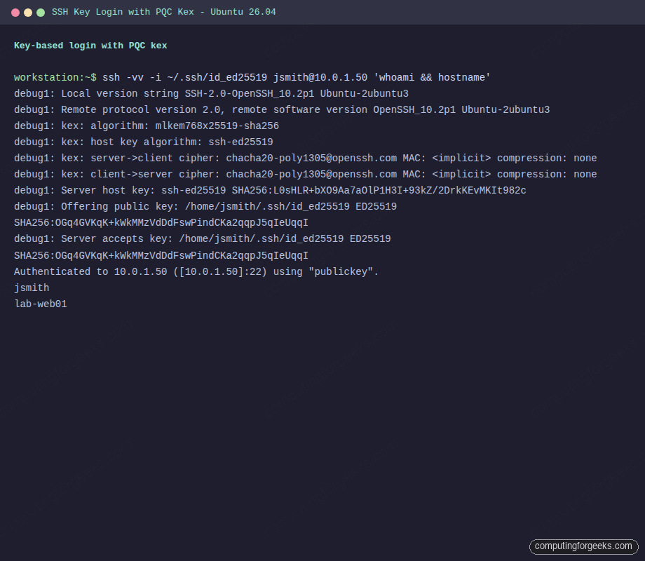 Successful SSH key login with PQC ML-KEM768x25519 kex on Ubuntu 26.04