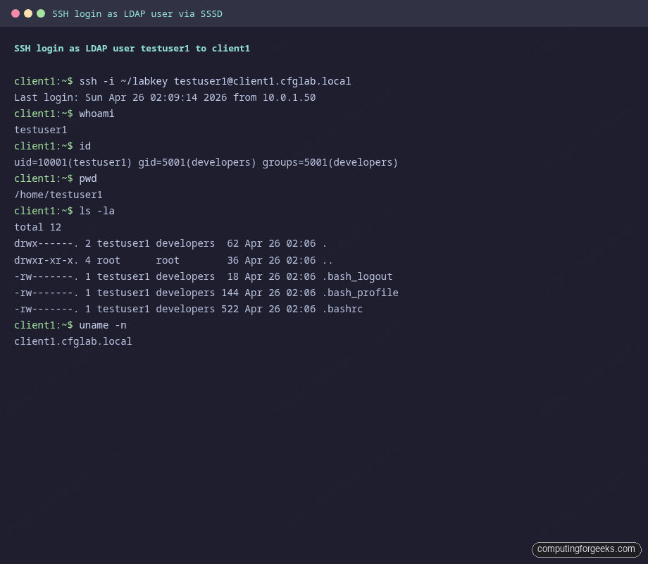 SSH login as testuser1 LDAP user via SSSD on Rocky Linux 10 client