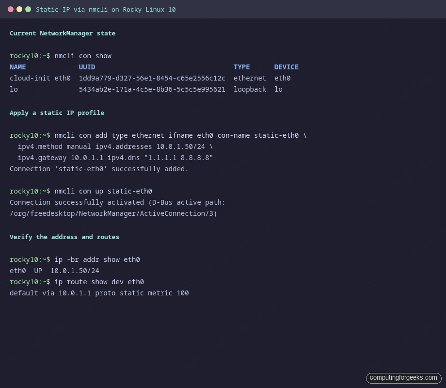 nmcli static IP configuration on Rocky Linux 10
