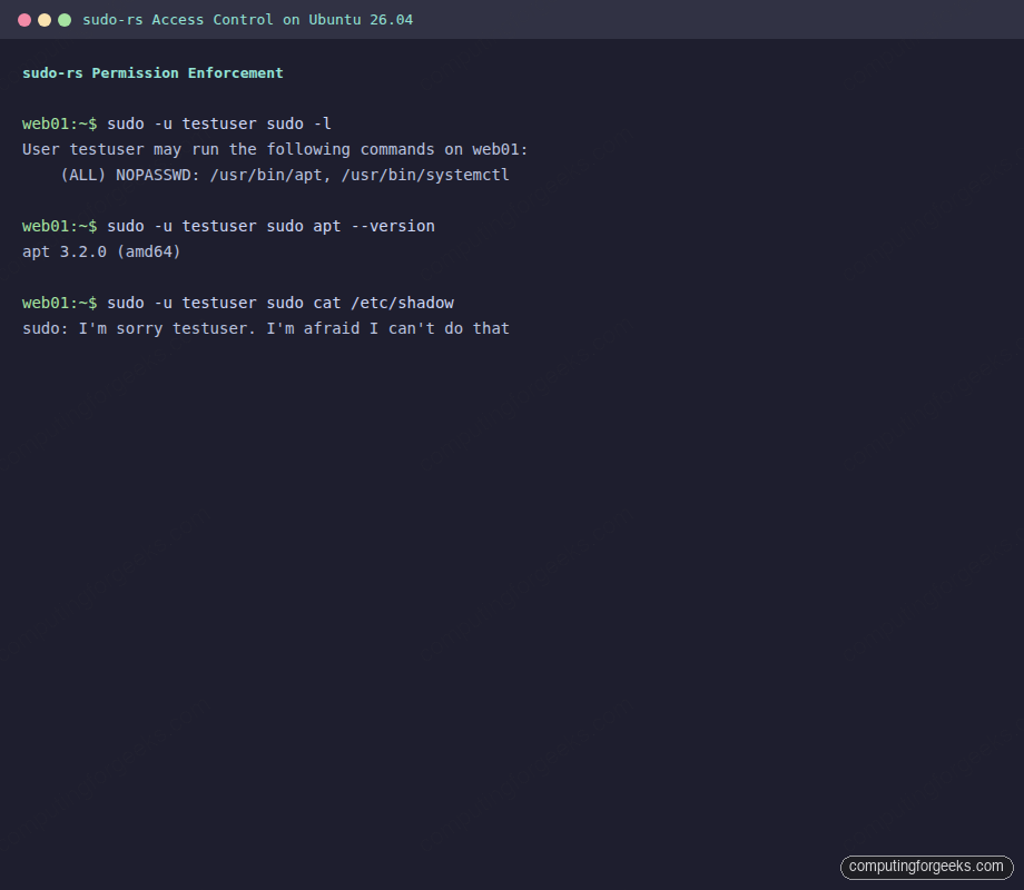 sudo-rs enforcing access control rules with HAL 9000 denial message on Ubuntu 26.04