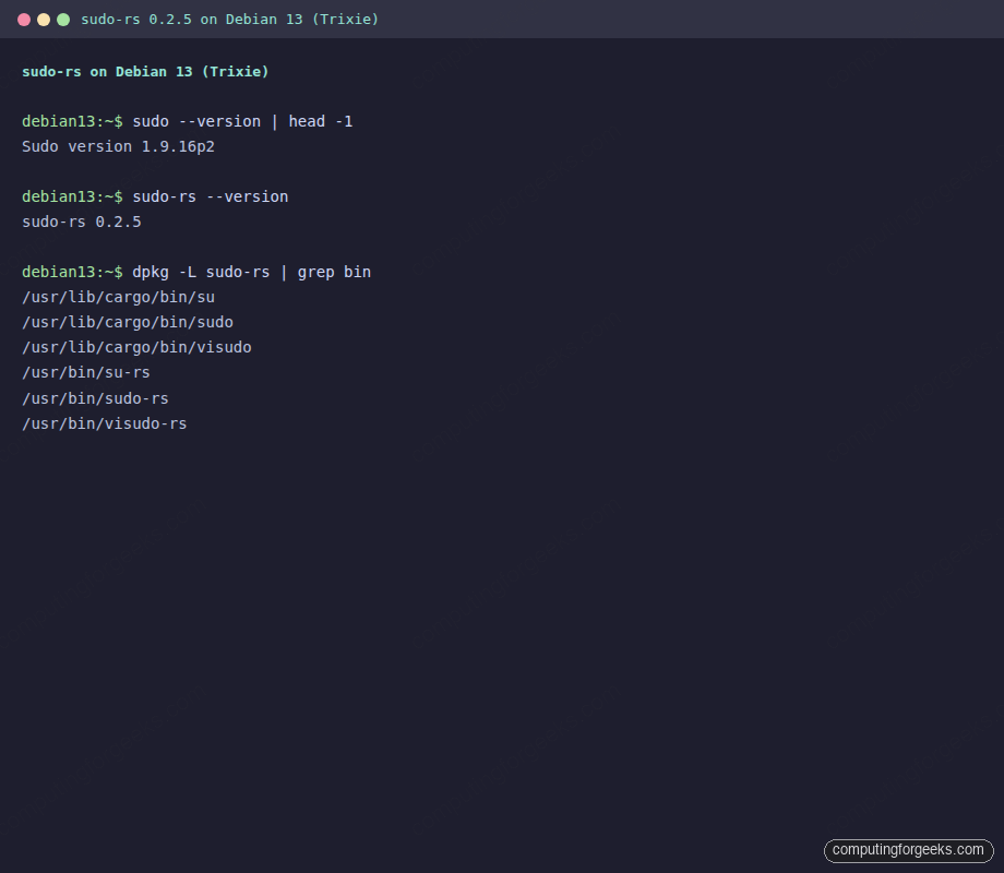 sudo-rs 0.2.5 installed alongside original sudo on Debian 13 Trixie showing binary locations