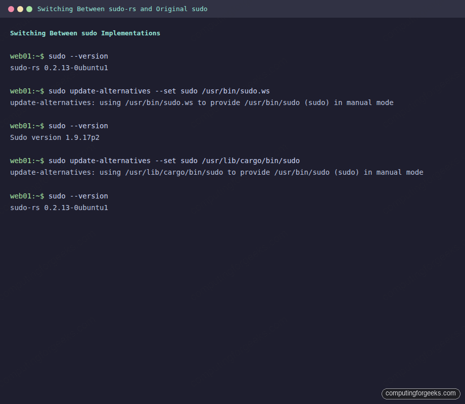 Switching between sudo-rs and original sudo using update-alternatives on Ubuntu 26.04 LTS
