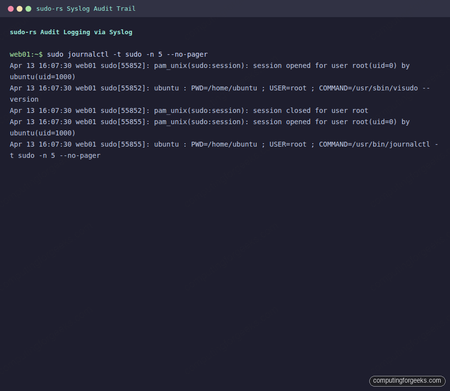 sudo-rs syslog audit log entries showing command execution history via journalctl