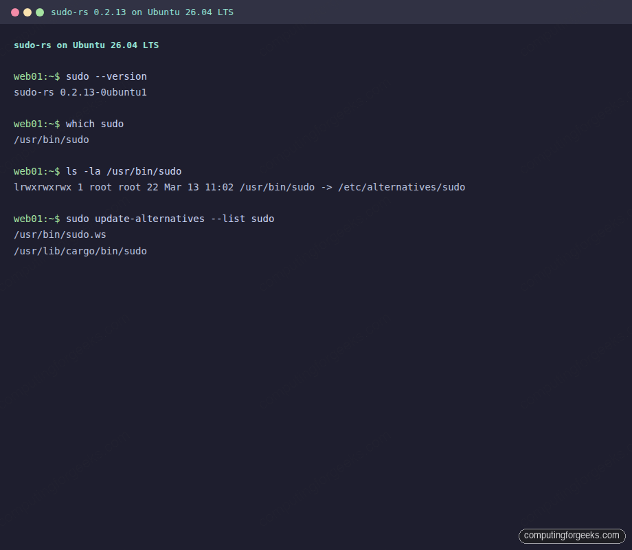 sudo-rs 0.2.13 version check and update-alternatives showing both sudo implementations on Ubuntu 26.04