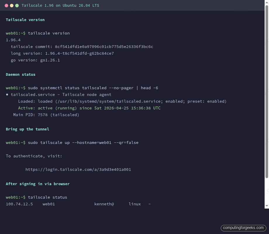 Tailscale status command output showing connected peers on Ubuntu 26.04