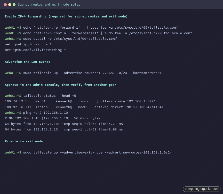 Tailscale subnet routes and exit node setup on Ubuntu 26.04