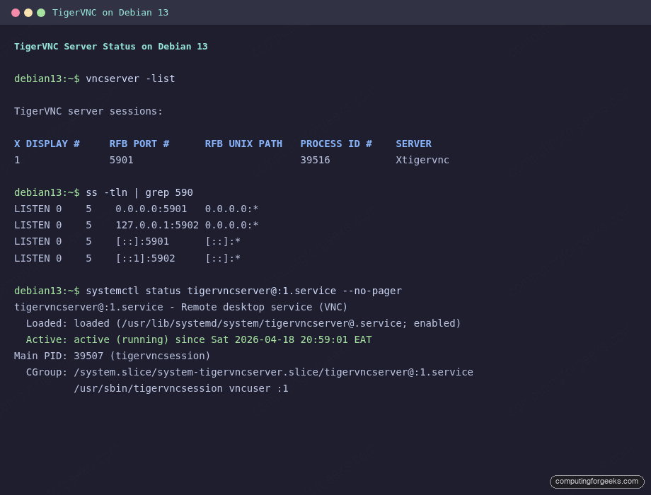 TigerVNC Debian 13 vncserver -list output showing display :1 on port 5901 and systemd service active