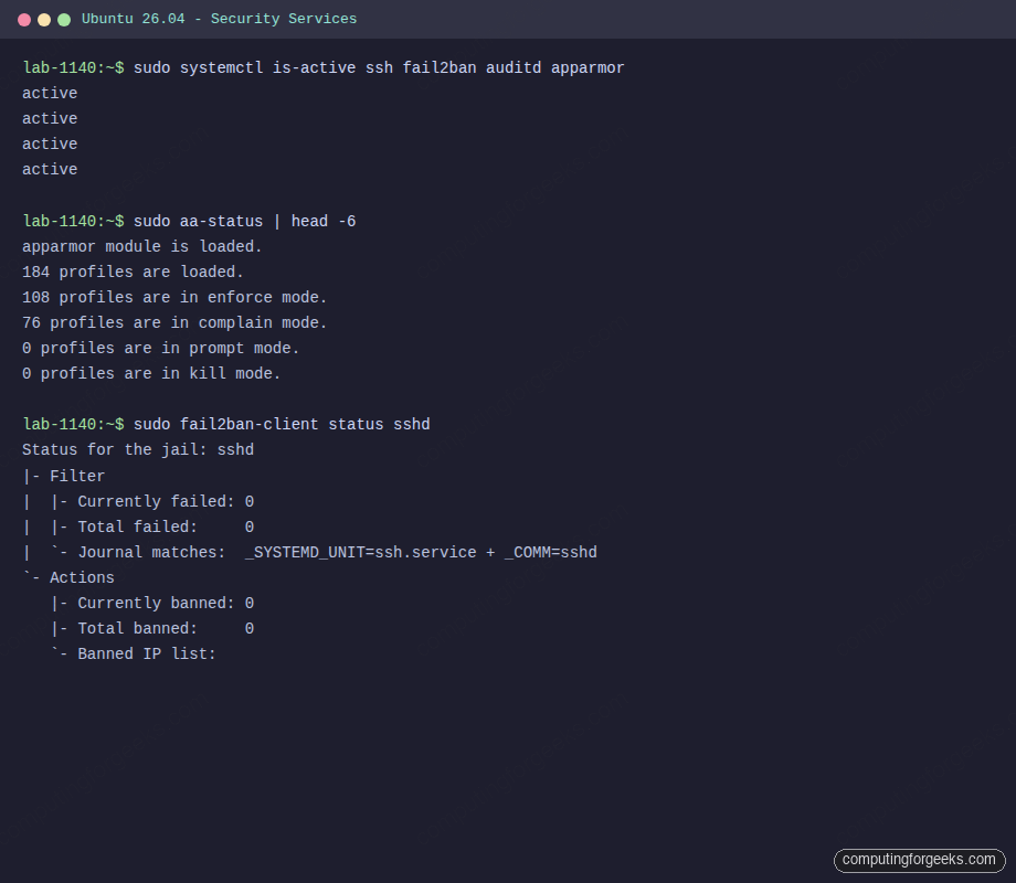 Ubuntu 26.04 security services status showing SSH Fail2ban auditd AppArmor active with enforce mode profiles