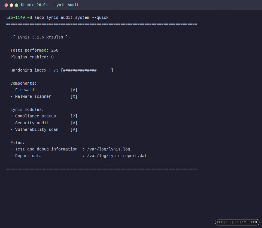 Ubuntu 26.04 Lynis audit system result showing hardening index 73 out of 100 with 260 tests performed