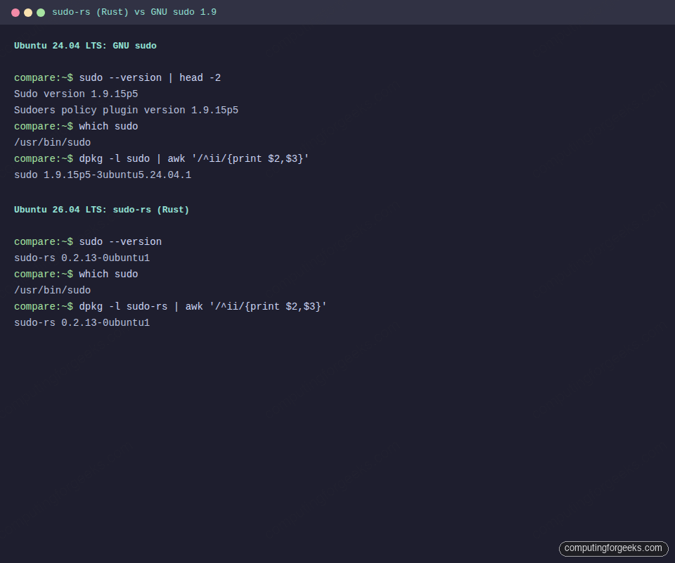 sudo-rs 0.2.13 on Ubuntu 26.04 vs GNU sudo 1.9.15p5 on Ubuntu 24.04