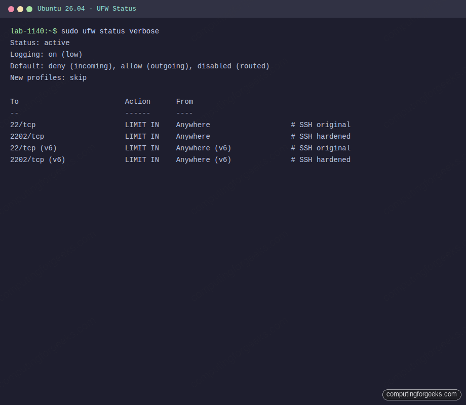 Ubuntu 26.04 UFW firewall status verbose output showing deny incoming and rate limited SSH rules