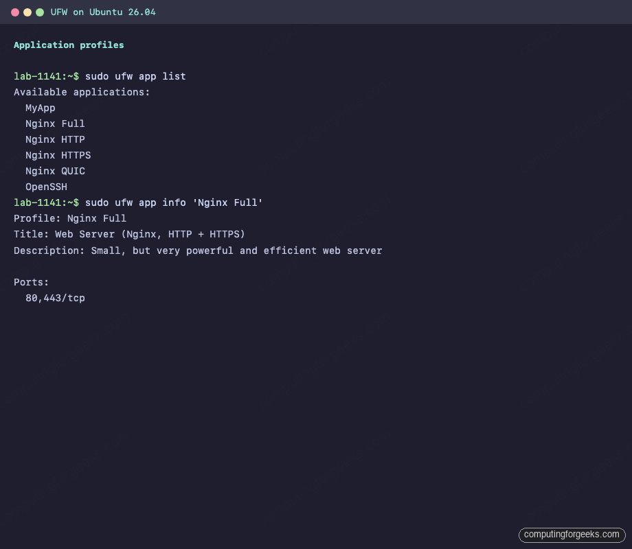 How To Configure UFW Firewall on Ubuntu 26.04 LTS 2 UFW application profile list with custom MyApp profile on Ubuntu 26.04