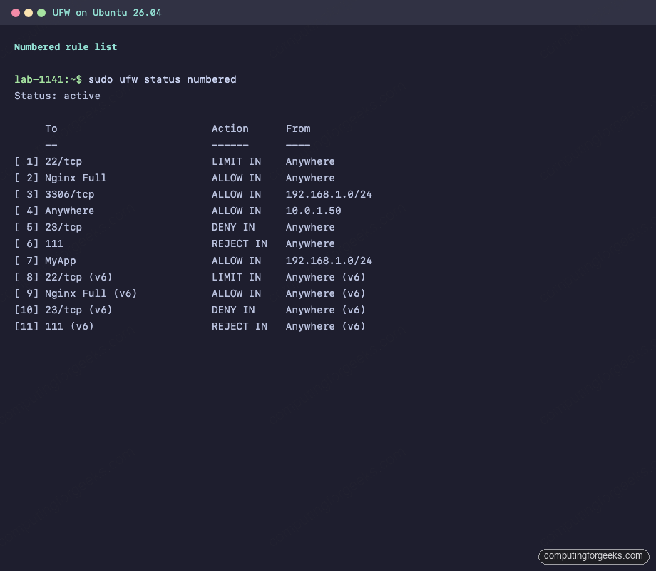 How To Configure UFW Firewall on Ubuntu 26.04 LTS 3 UFW numbered rule list on Ubuntu 26.04 showing evaluation order